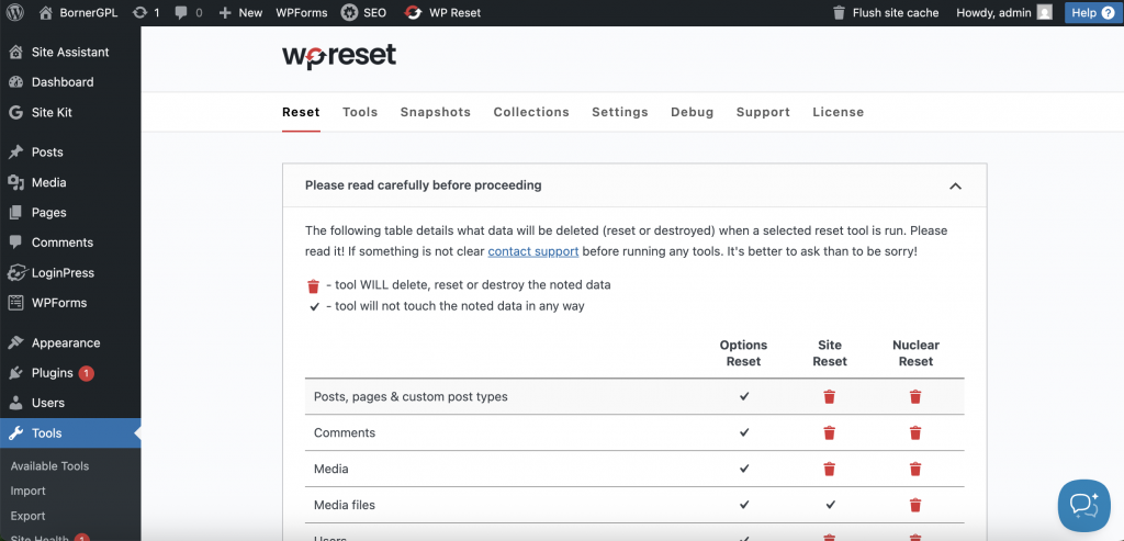 WP Reset Pro WordPress Plugin Dashboard