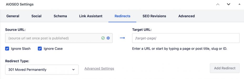 Redirection Manager in All in one seo pack pro